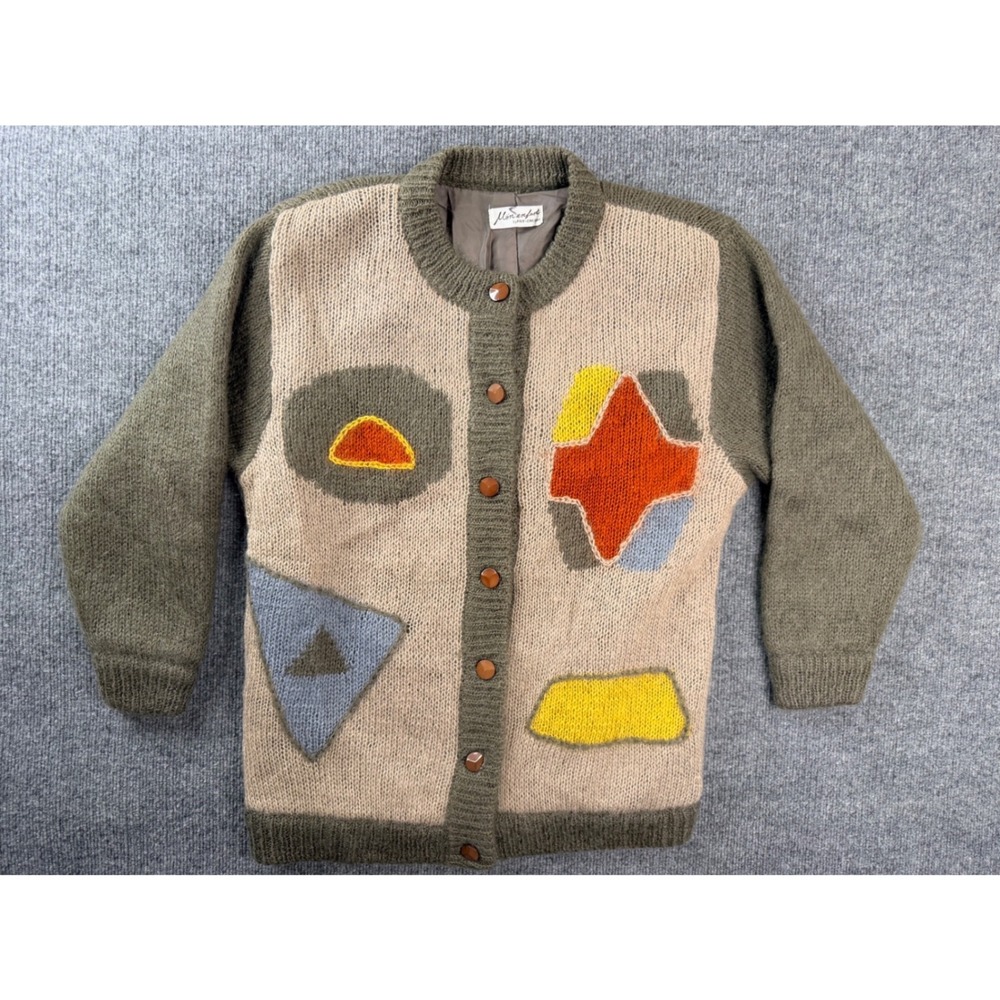 Vintage Mon Enfant Abstract Geometric Knit Cardigan Sweater Lined Olive Y2K L/XL